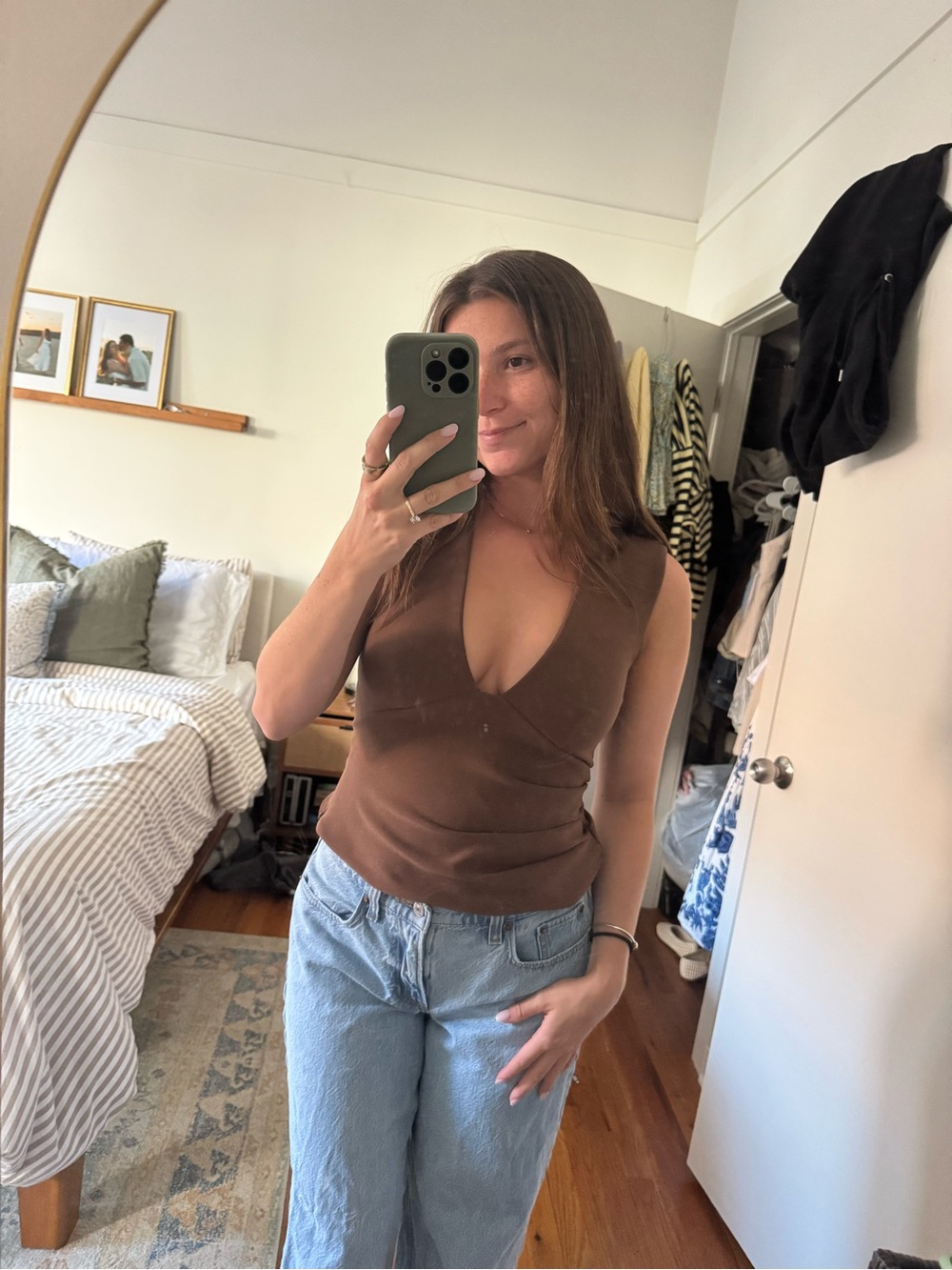 Bra-free plunge ruched top - chocolate brown